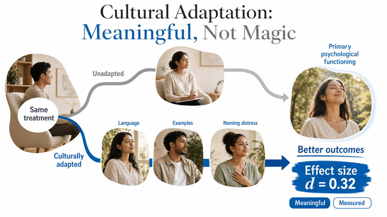 Visualize the single citable statistic in the article: the effect size for culturally adapted psychotherapy versus unadapted therapy