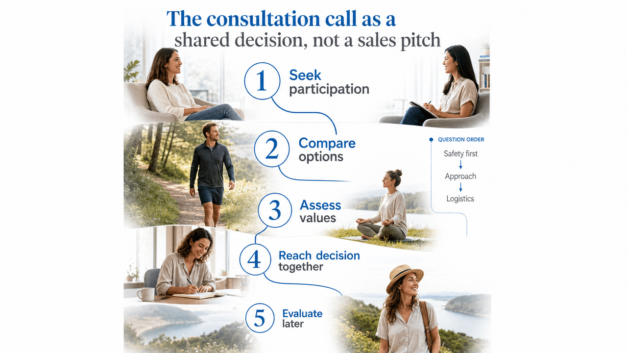 Visualize the AHRQ SHARE Approach's five steps as a process flow, which the section explicitly cites and structures the consultation around
