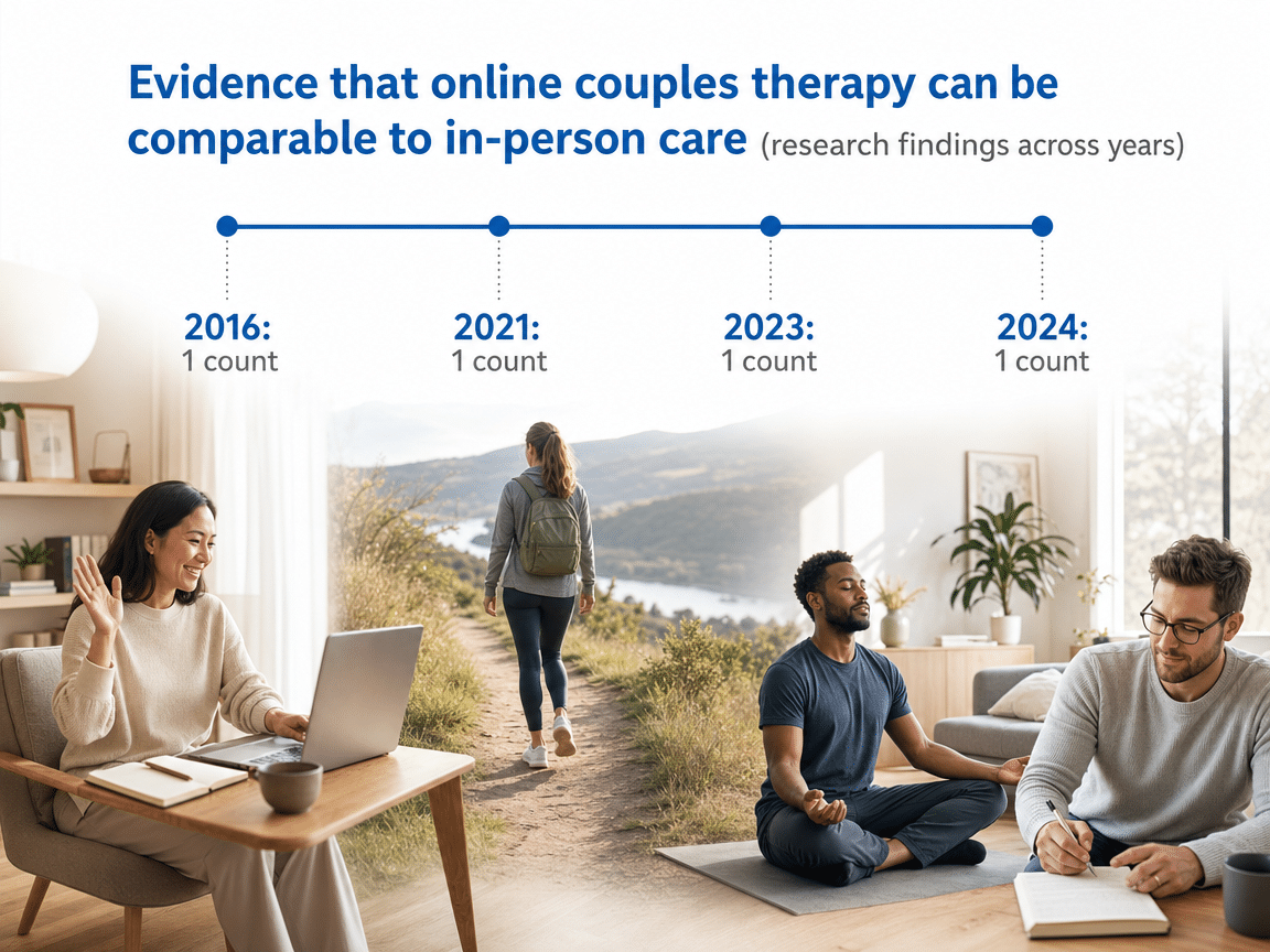 Chart showing Evidence that online couples therapy can be comparable to in-person care (research findings across years)