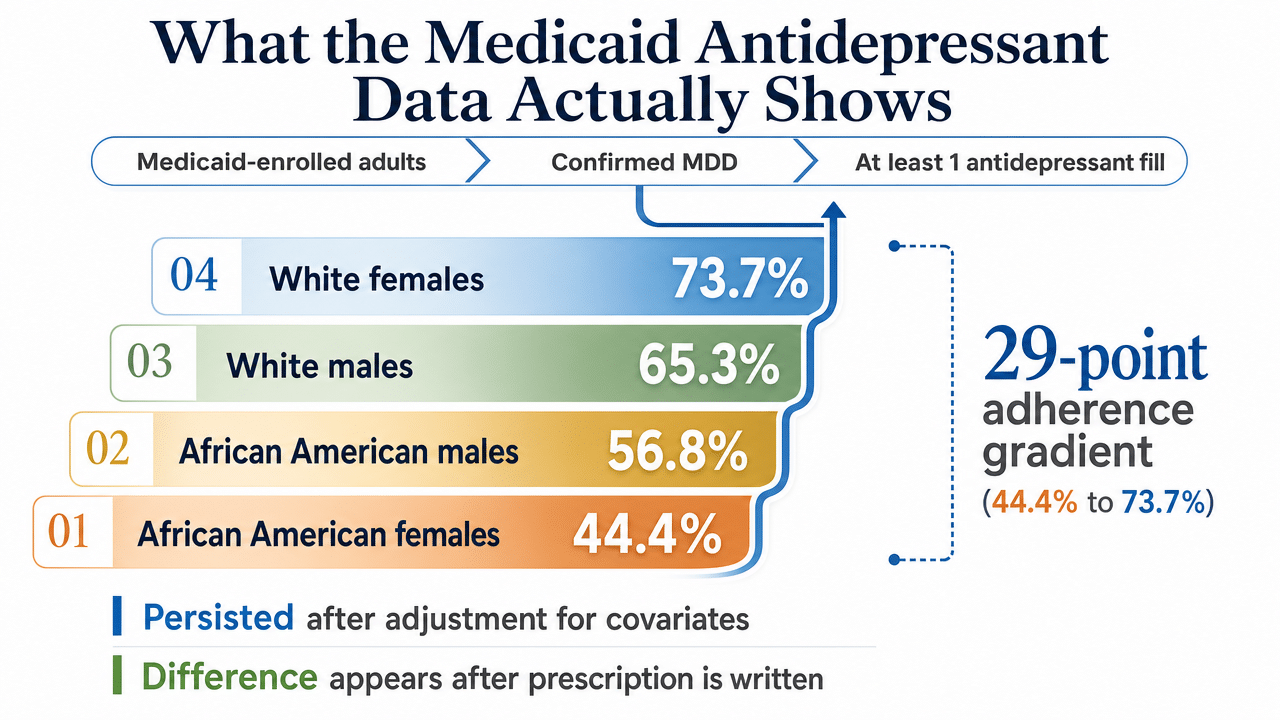 Show the stark 29-point adherence gradient across four demographic groups cited directly in the section prose
