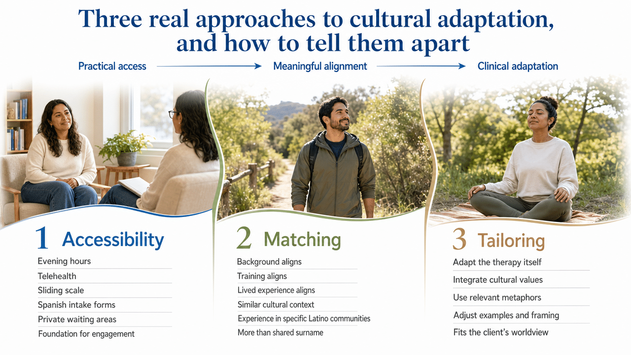 Visualize the three documented approaches to cultural adaptation discussed in the section, helping readers distinguish them