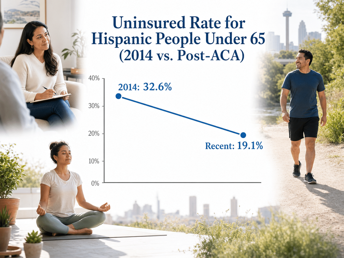 Chart showing Uninsured Rate for Hispanic People Under 65 (2014 vs. Post-ACA)