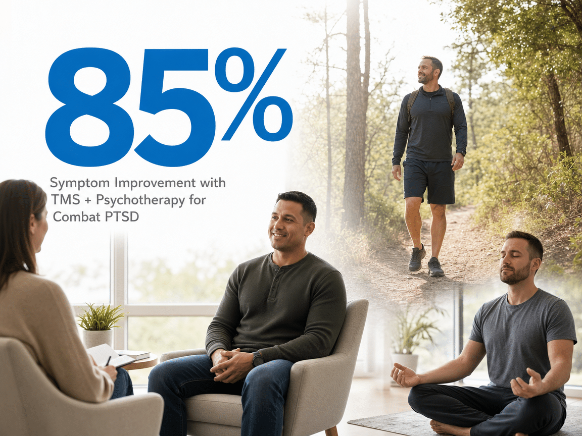 Infographic showing Symptom Improvement with TMS + Psychotherapy for Combat PTSD