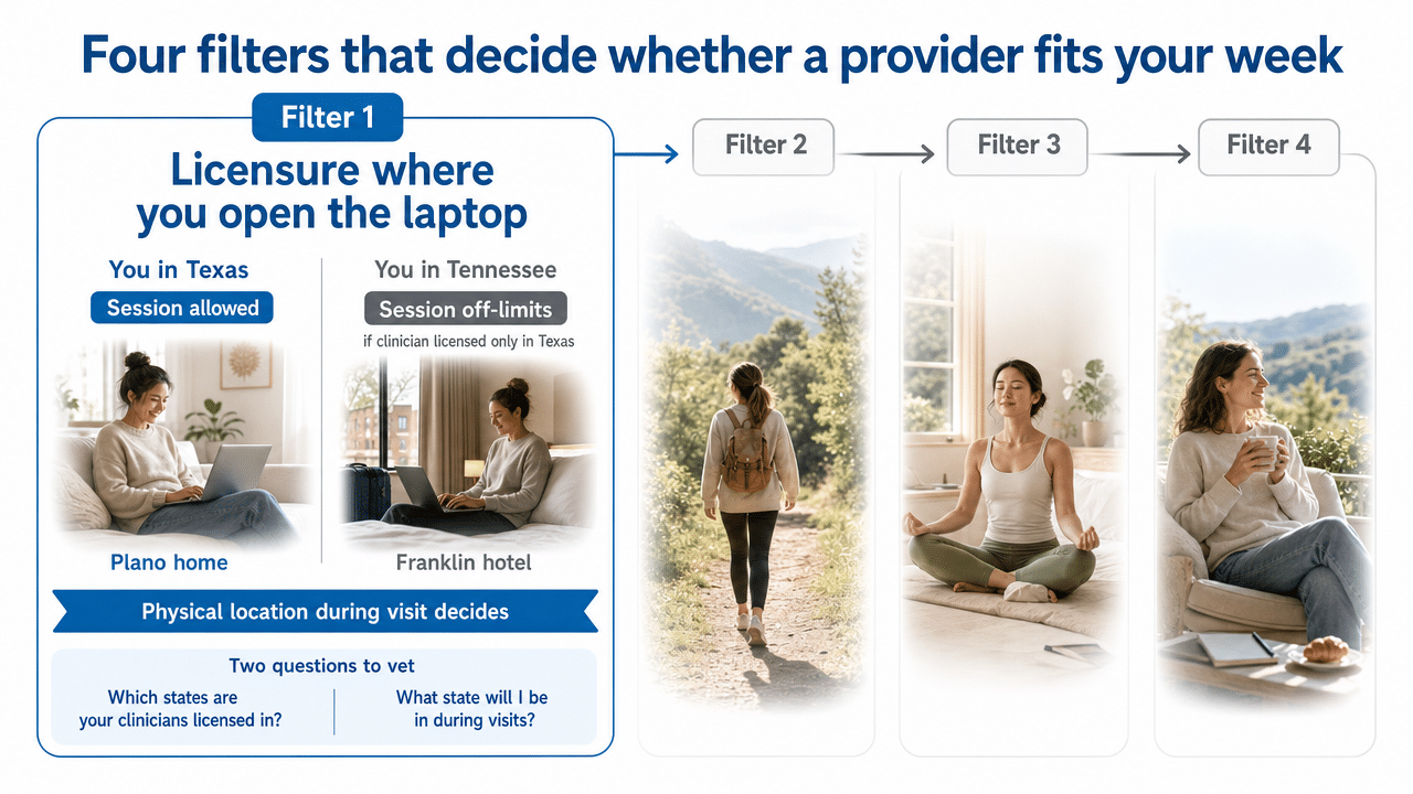 Summarize the five vetting questions as a scannable checklist infographic that mirrors the section's framework, helping readers use it during an actual screening call