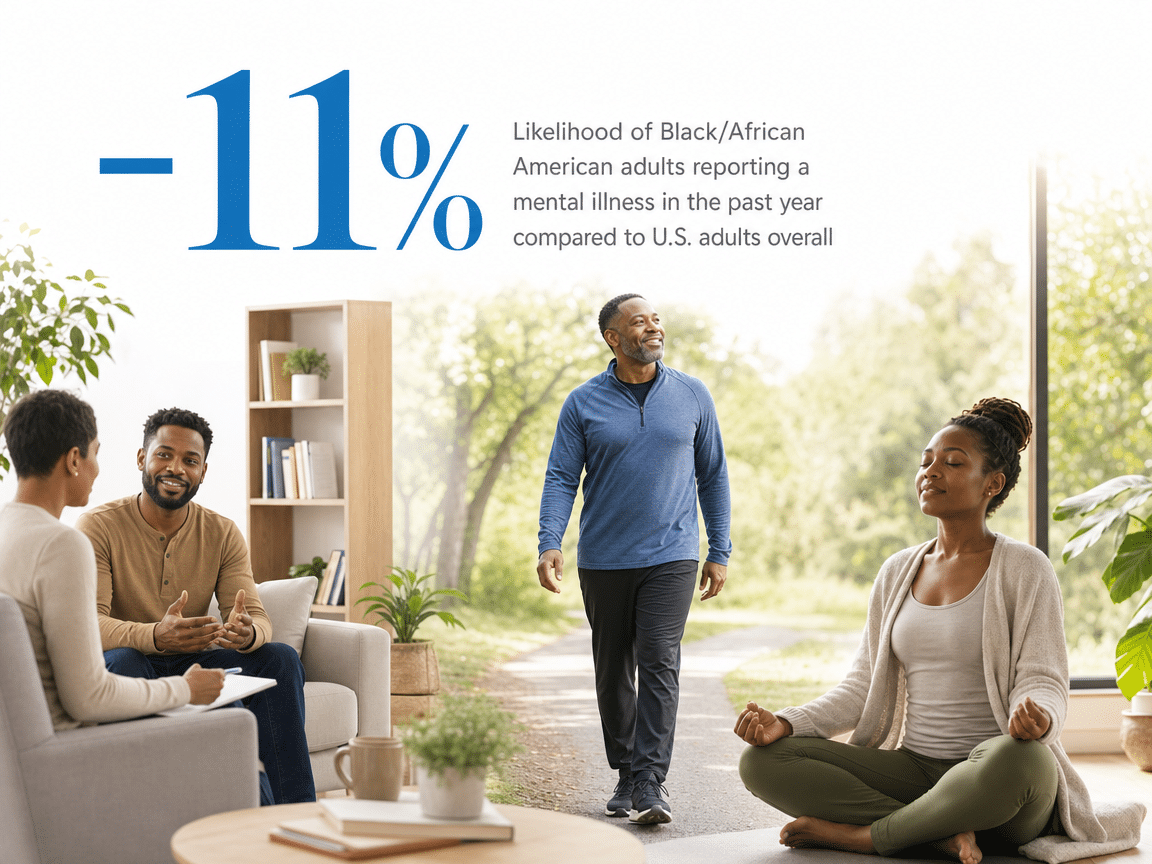Infographic showing Likelihood of Black/African American adults reporting a mental illness in the past year compared to U.S. adults overall