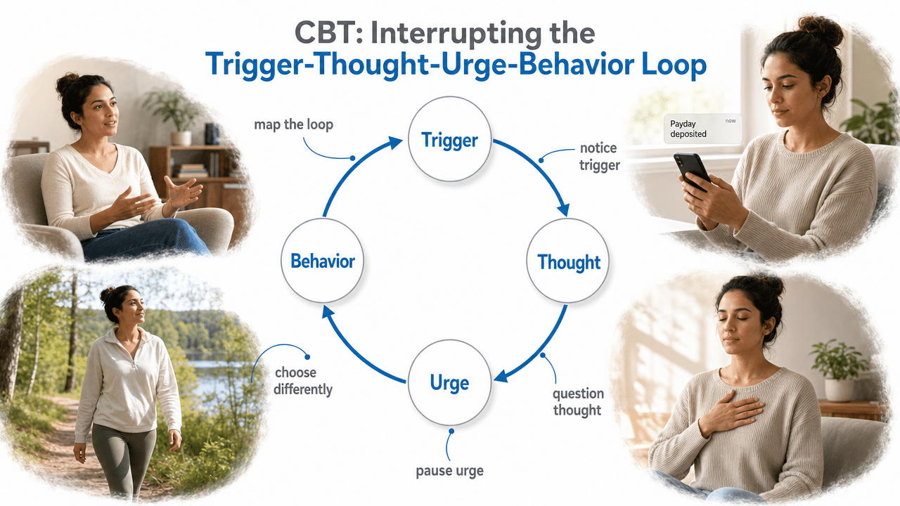 Visualize the CBT loop described in the section: trigger → thought → urge → behavior, with intervention points