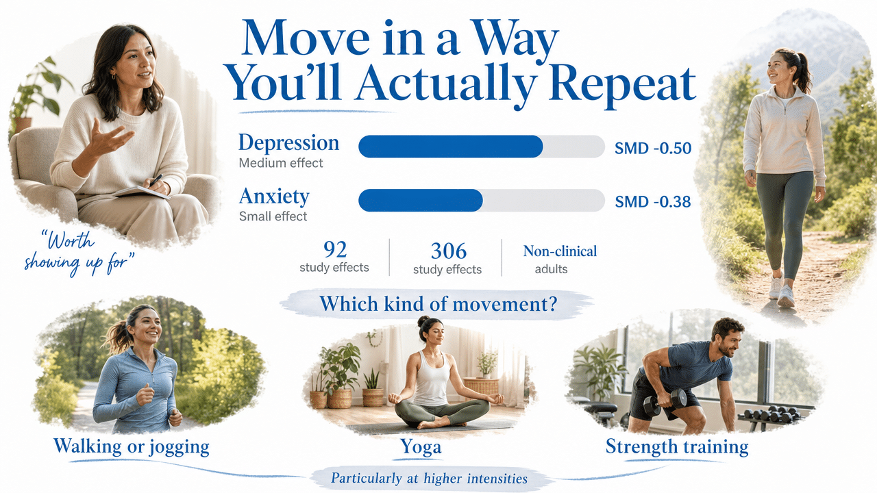 Visualize the comparative effect sizes of physical activity on depression versus anxiety from the meta-meta-analysis, directly supporting the section's core claim