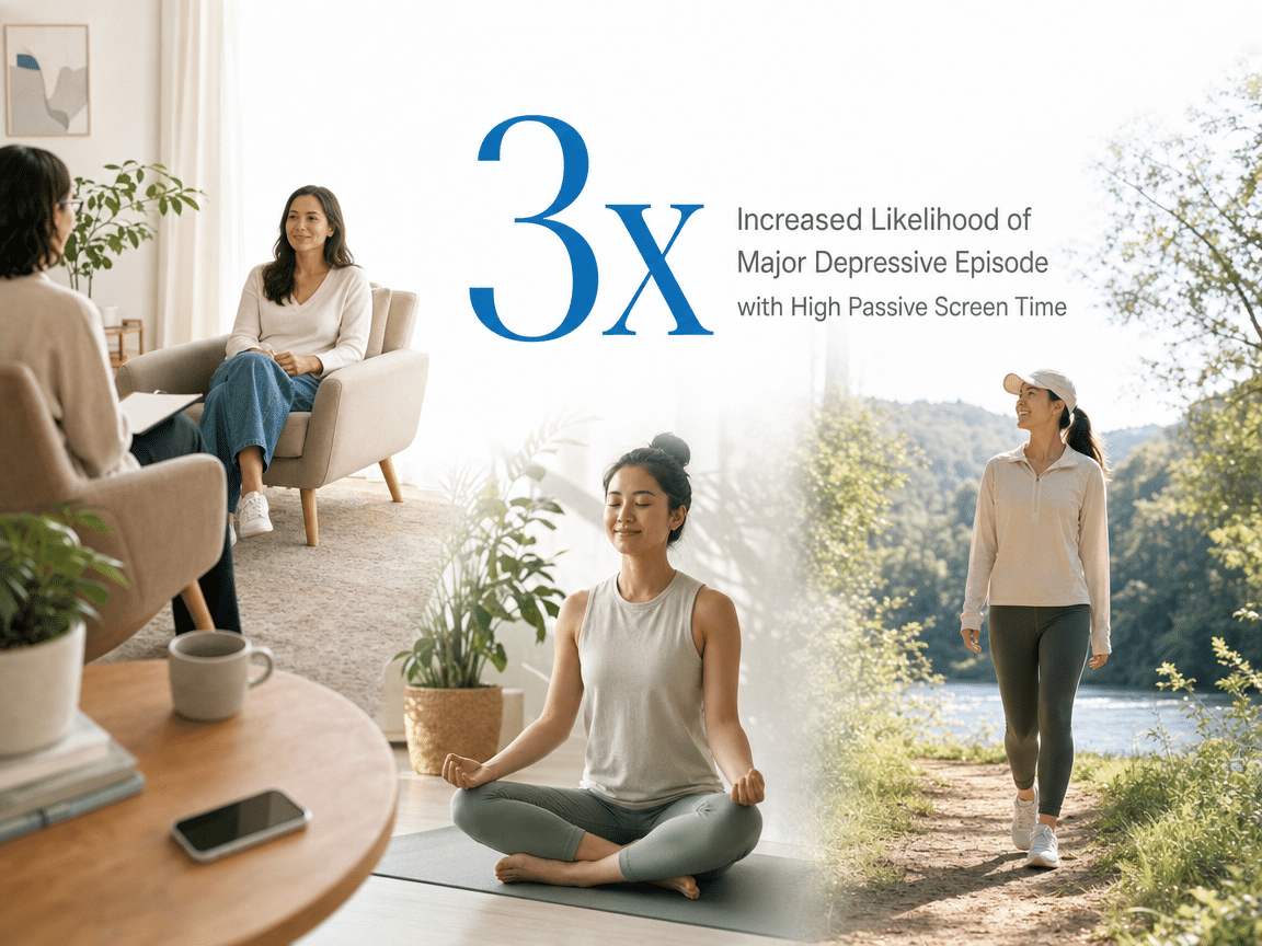 Infographic showing Increased Likelihood of Major Depressive Episode with High Passive Screen Time