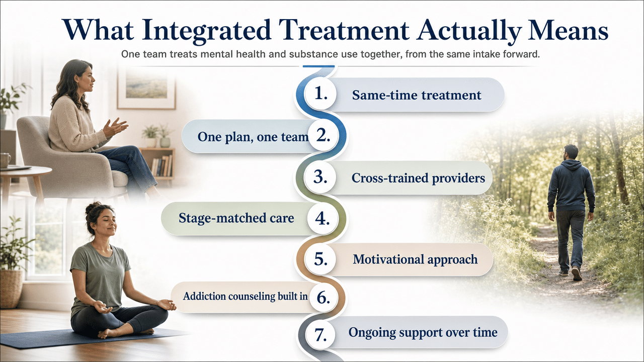 Visualize SAMHSA's seven practice principles that define real integrated treatment, directly supporting the section's cited framework