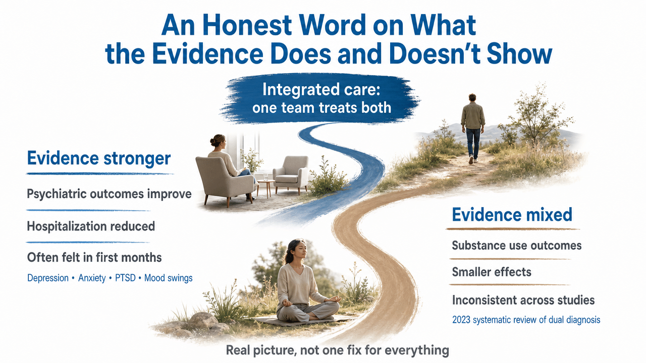 Compare where integrated treatment evidence is strong versus mixed, supporting the section's honest evidence appraisal