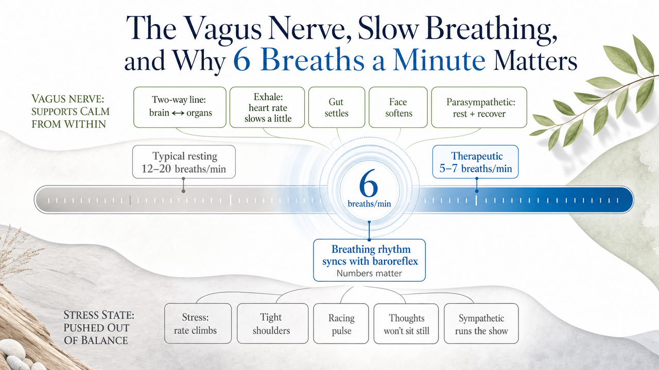 Visualize the specific breathing rate ranges cited in this section (typical resting 12-20 breaths/min vs. therapeutic 5-7 breaths/min) to reinforce the core physiological threshold