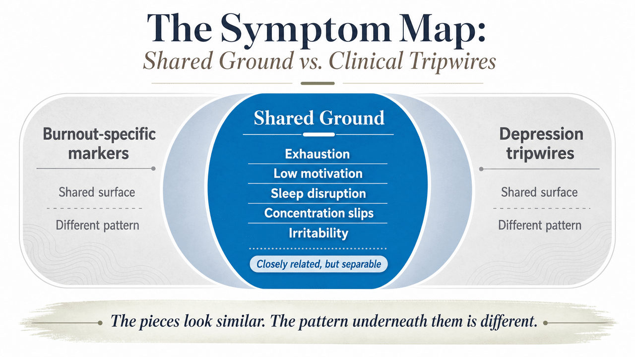 Visualize the article's core comparison framework between burnout and depression symptoms, showing shared ground versus what points toward each condition