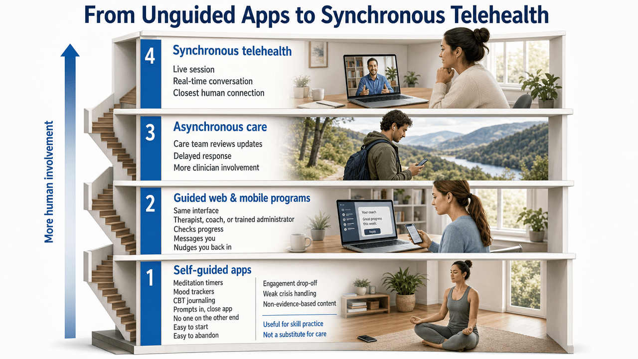 Visualize the four-floor stack of digital mental health tools described in the section, showing increasing human/clinical involvement at each layer