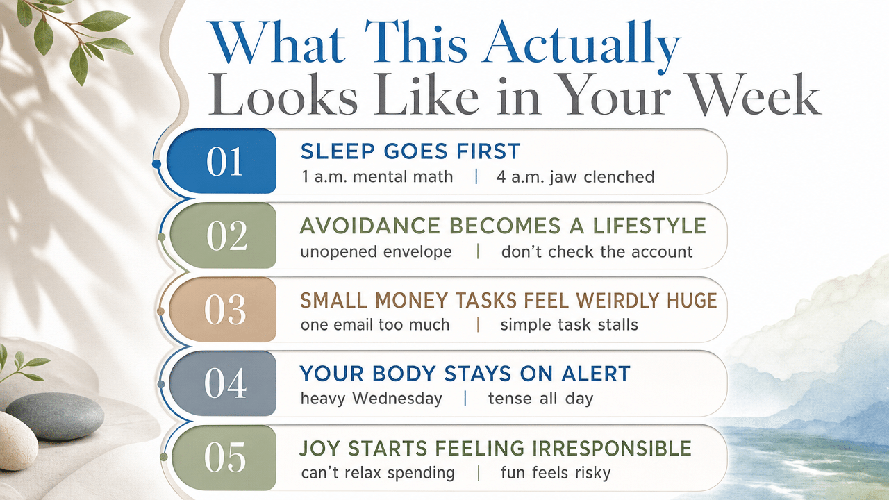 Turn the five behavioral signs of money-driven distress described in this section into a scannable checklist readers can self-identify with