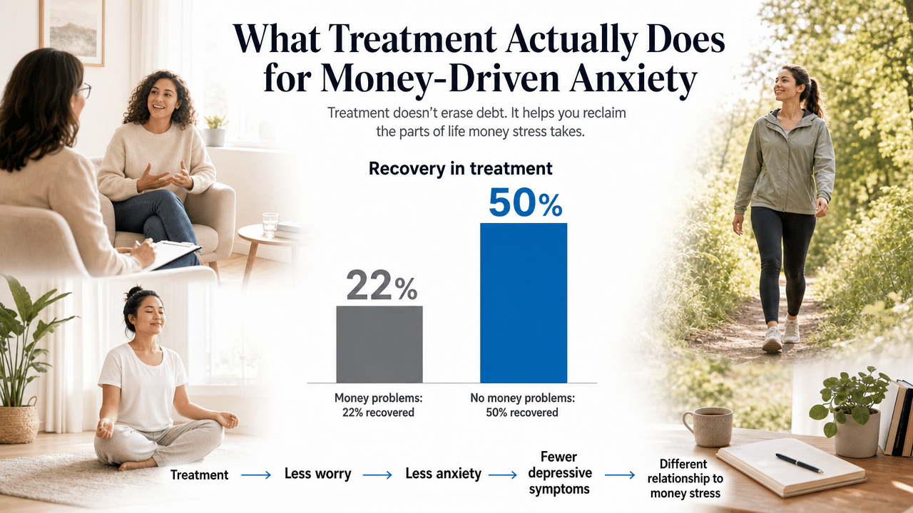 Visualize the stark recovery gap cited in this section between people with and without problem debt in NHS Talking Therapies