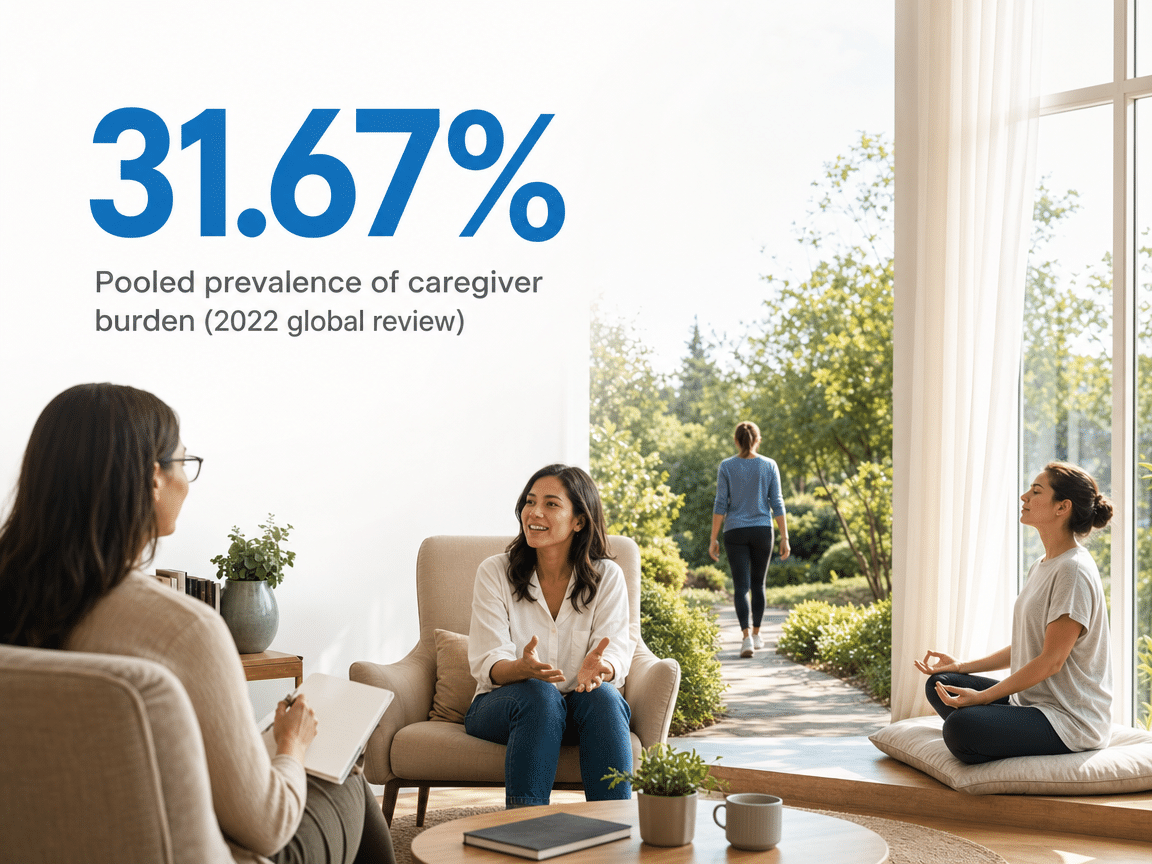Infographic showing Pooled prevalence of caregiver burden (2022 global review)