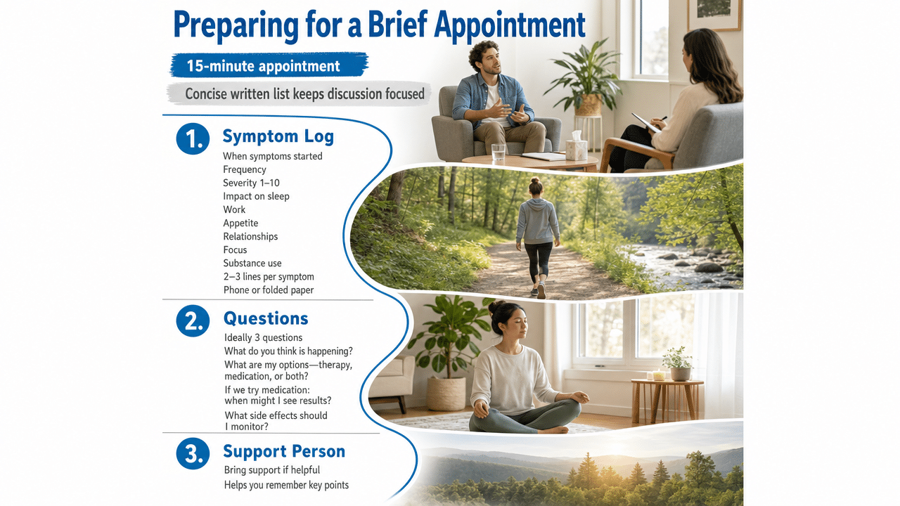 Visualize the three-part preparation framework (symptom log, questions, support person) cited from NIMH guidance so readers can scan the pre-visit checklist