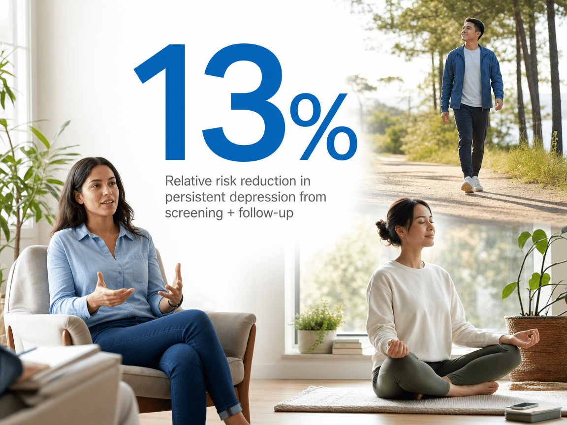 Infographic showing Relative risk reduction in persistent depression from screening + follow-up