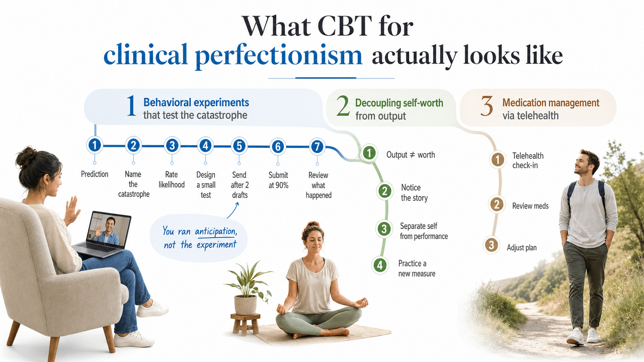 Visualize the transdiagnostic thread the section describes, showing how a single underlying pattern of perfectionism connects to multiple diagnoses cited in the prose