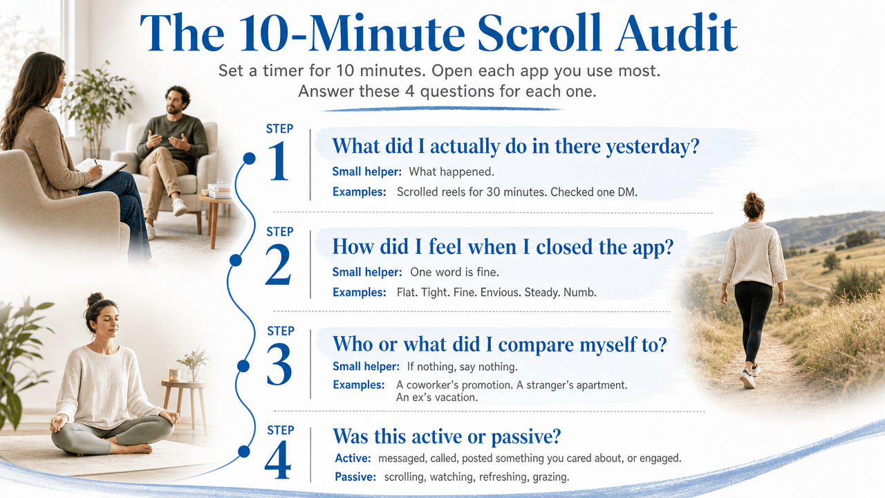 Turn the section's four audit questions into a scannable step-by-step process infographic that mirrors the article's exact prompts