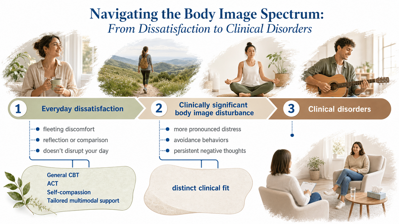 Visualize the spectrum from everyday body dissatisfaction to clinical disorders, matching each level to the therapeutic approach described in the section