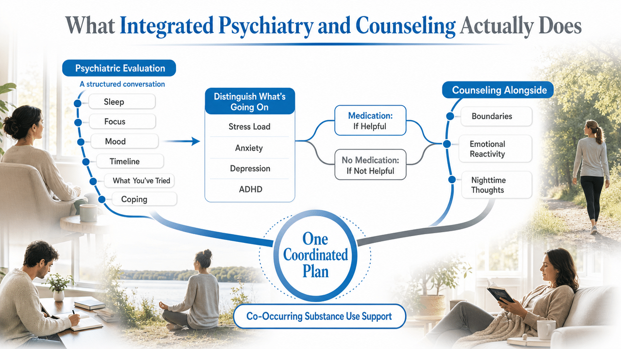 Illustrate the integrated care operating model described in this section — psychiatric evaluation, counseling, and co-occurring substance use support working as one coordinated plan — which is a process/framework the section explicitly walks through
