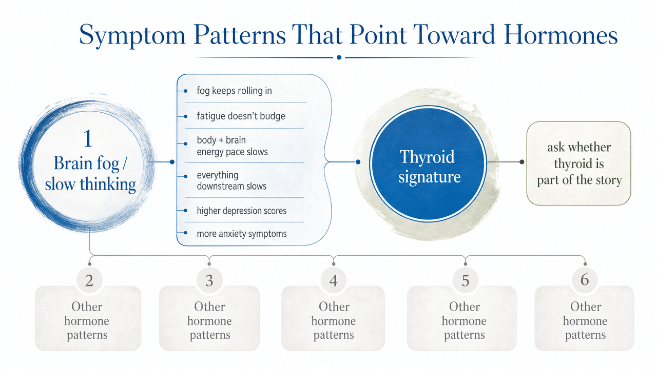 Visualize the five distinct symptom-pattern clusters described in the section's subheadings, giving readers a quick reference framework for recognizing hormone-linked mental health patterns