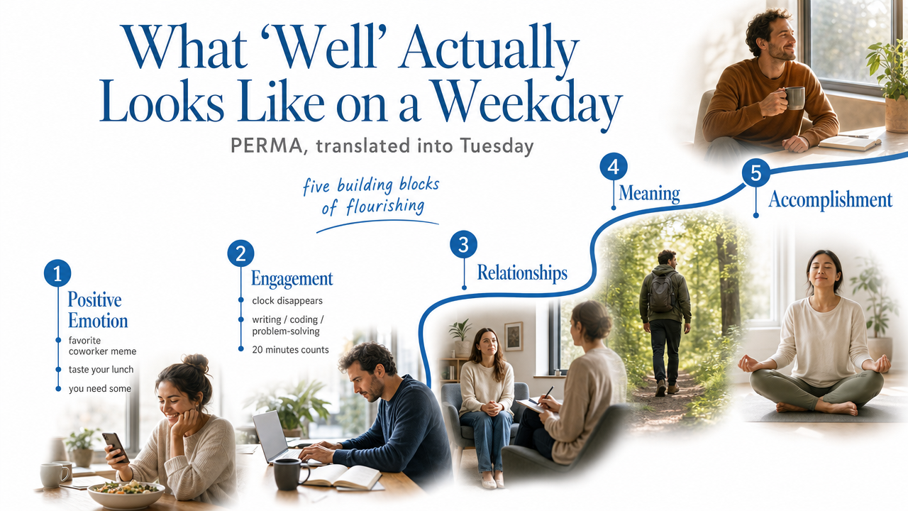 Visualize the PERMA framework's five building blocks of flourishing as explained in the section, giving readers a scannable reference for the model