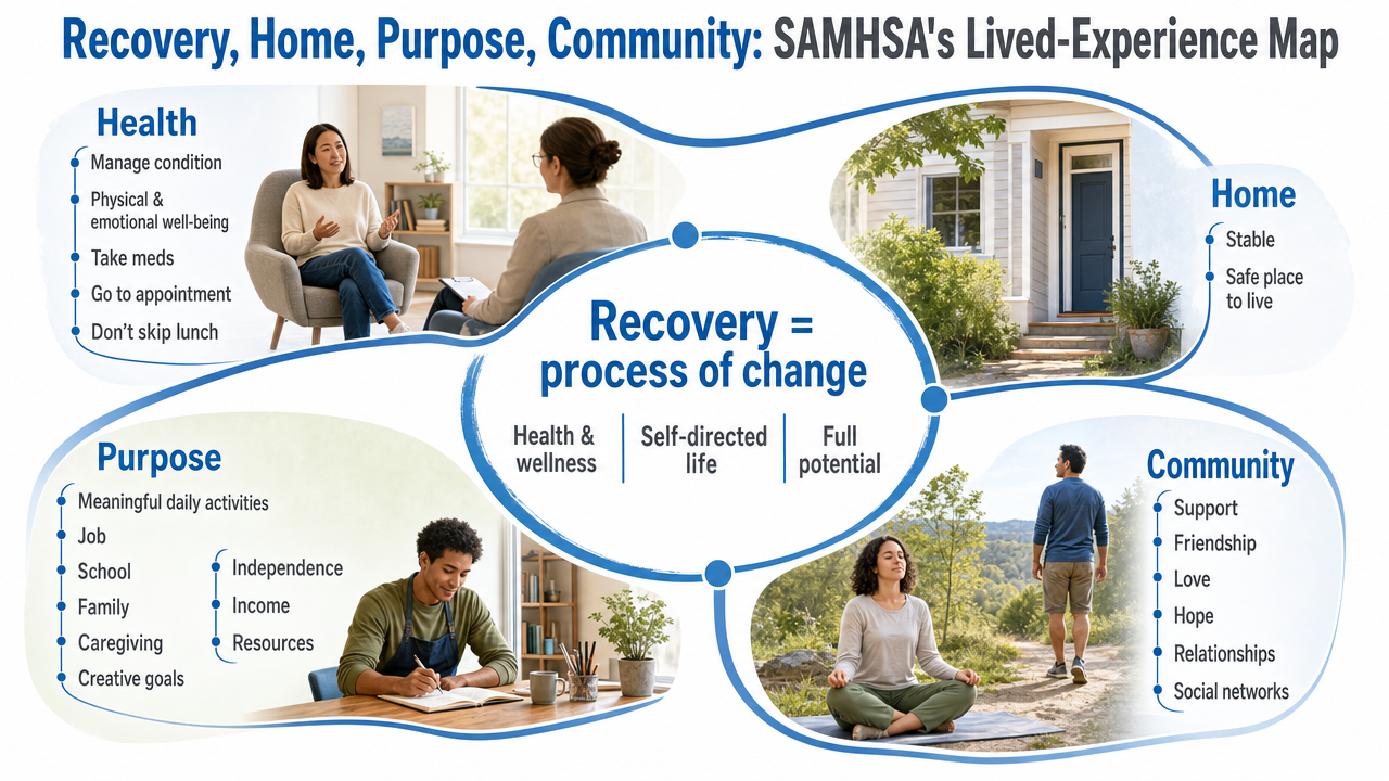 Visualize SAMHSA's four dimensions of recovery as a lived-experience audit framework, directly matching the section's list-based content
