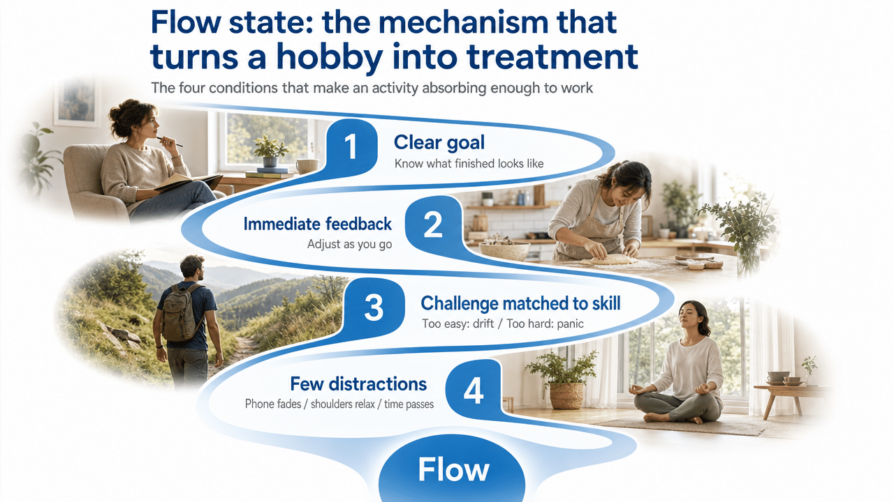Diagram the four named conditions of flow described in the section, giving readers a visual checklist that maps directly to the article prose