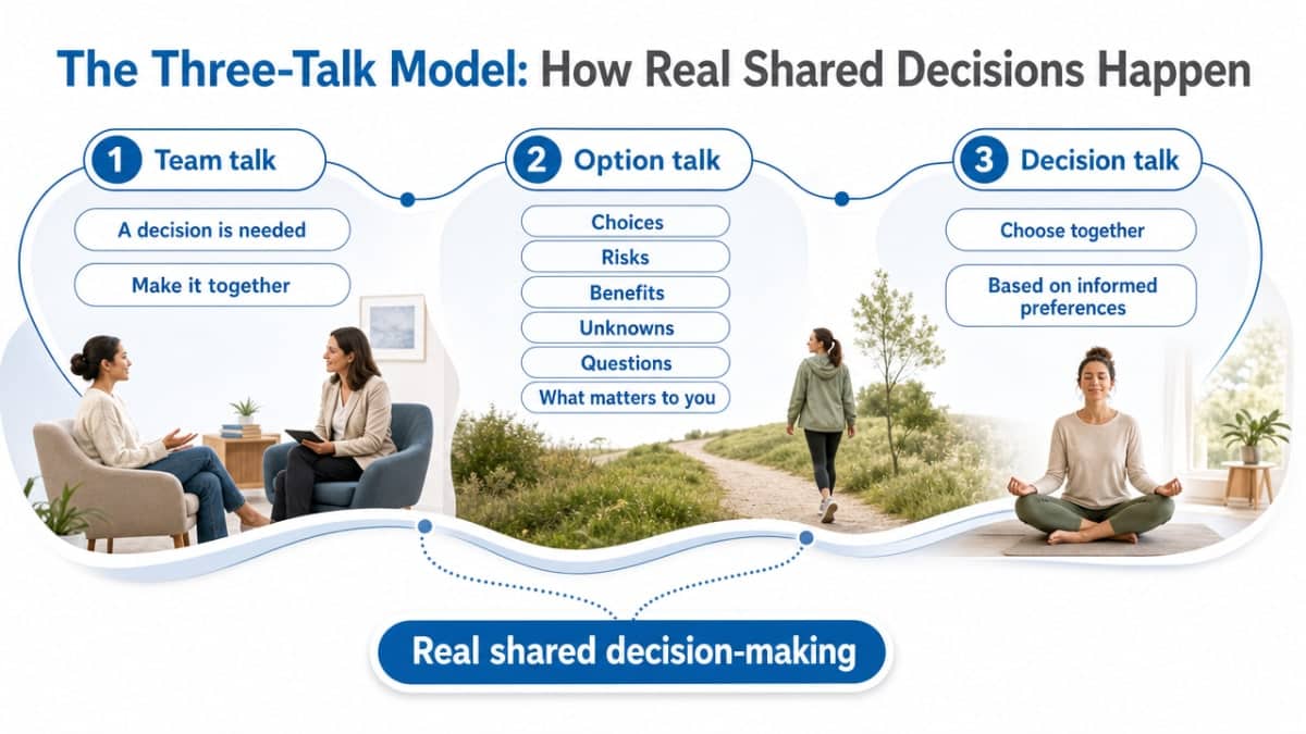 Visualize the three-talk shared decision-making framework cited in this section, showing each stage and what outcome it is associated with per the 2025 study