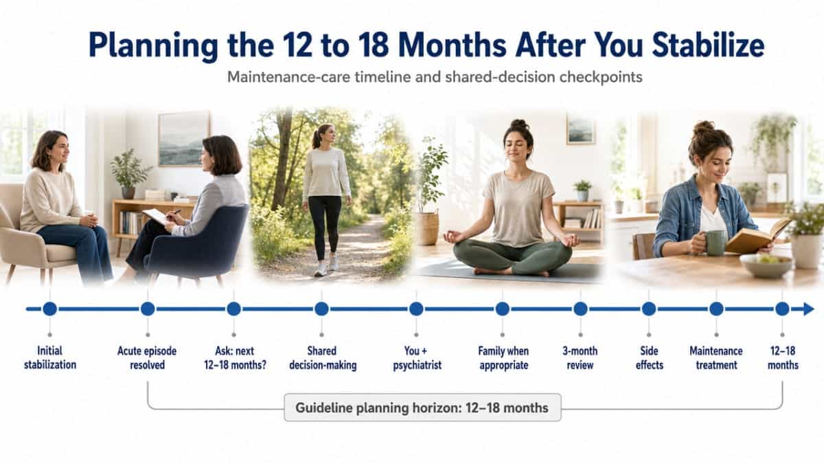 Visualize the maintenance-care timeline and checkpoint structure explicitly described in this section, aligned with the 12 to 18 month guideline recommendation