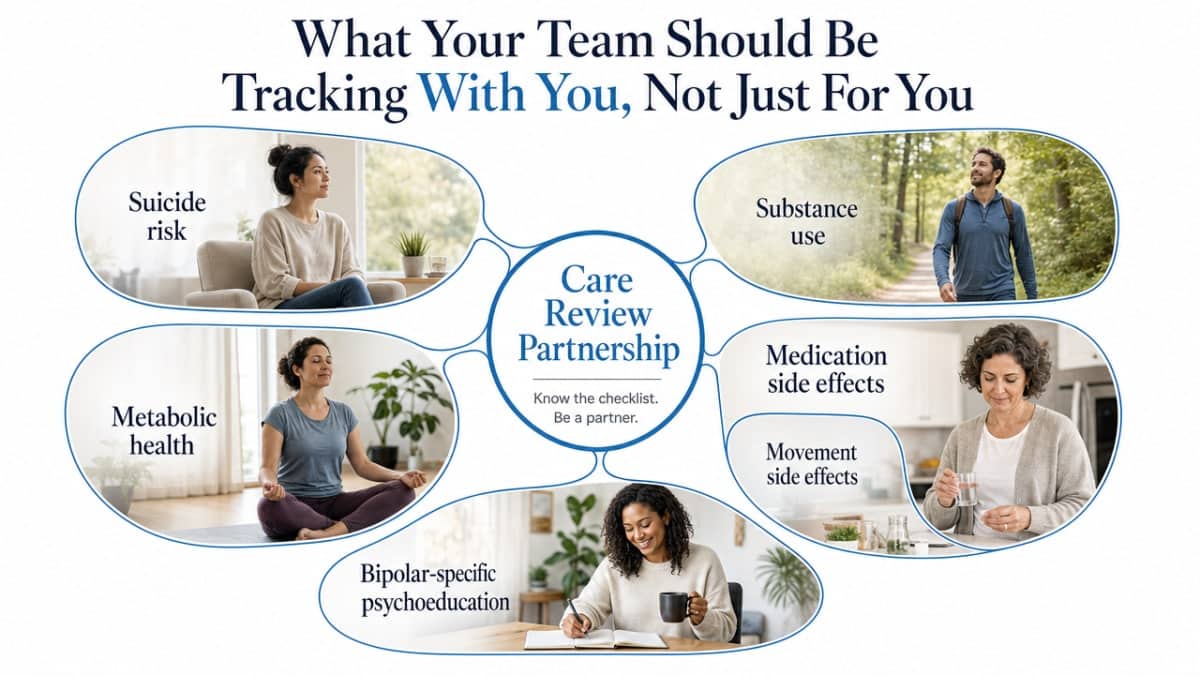 Visualize the five monitoring domains that this section explicitly enumerates from collaborative care reviews