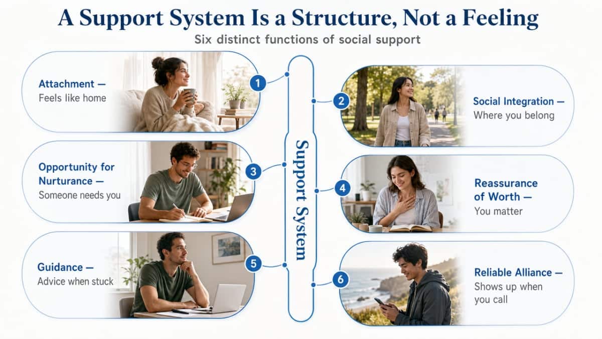 Visualize the six distinct functions of social support cited from the NIH social support taxonomy, which the section explicitly names and defines