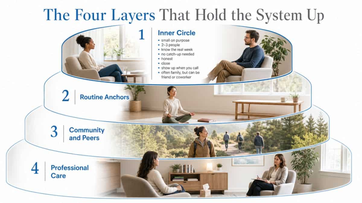 Visualize the four-layer support system framework that the section explicitly organizes into subsections (Inner Circle, Routine Anchors, Community and Peers, Professional Care)