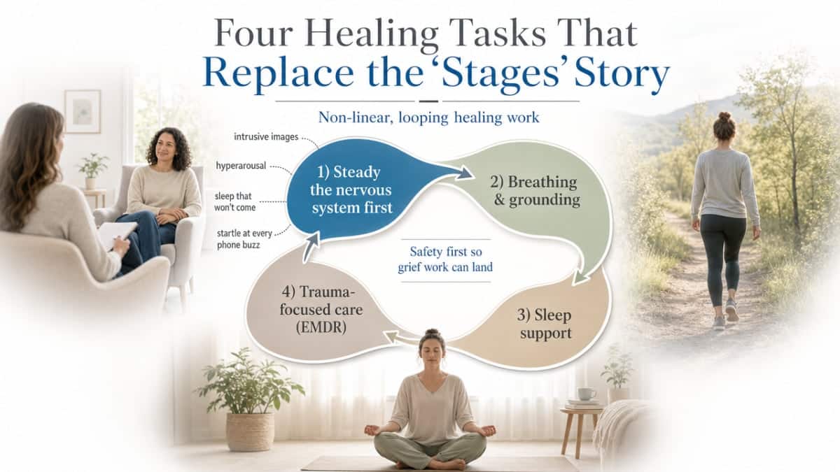 Visualize the four non-linear healing tasks described in this section, showing them as looping rather than sequential stages, directly supporting the section's framework