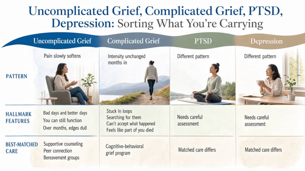 Compare the four distinct grief/mental health patterns described in the section, showing hallmark features and matched care approach — directly supporting the section's comparison content