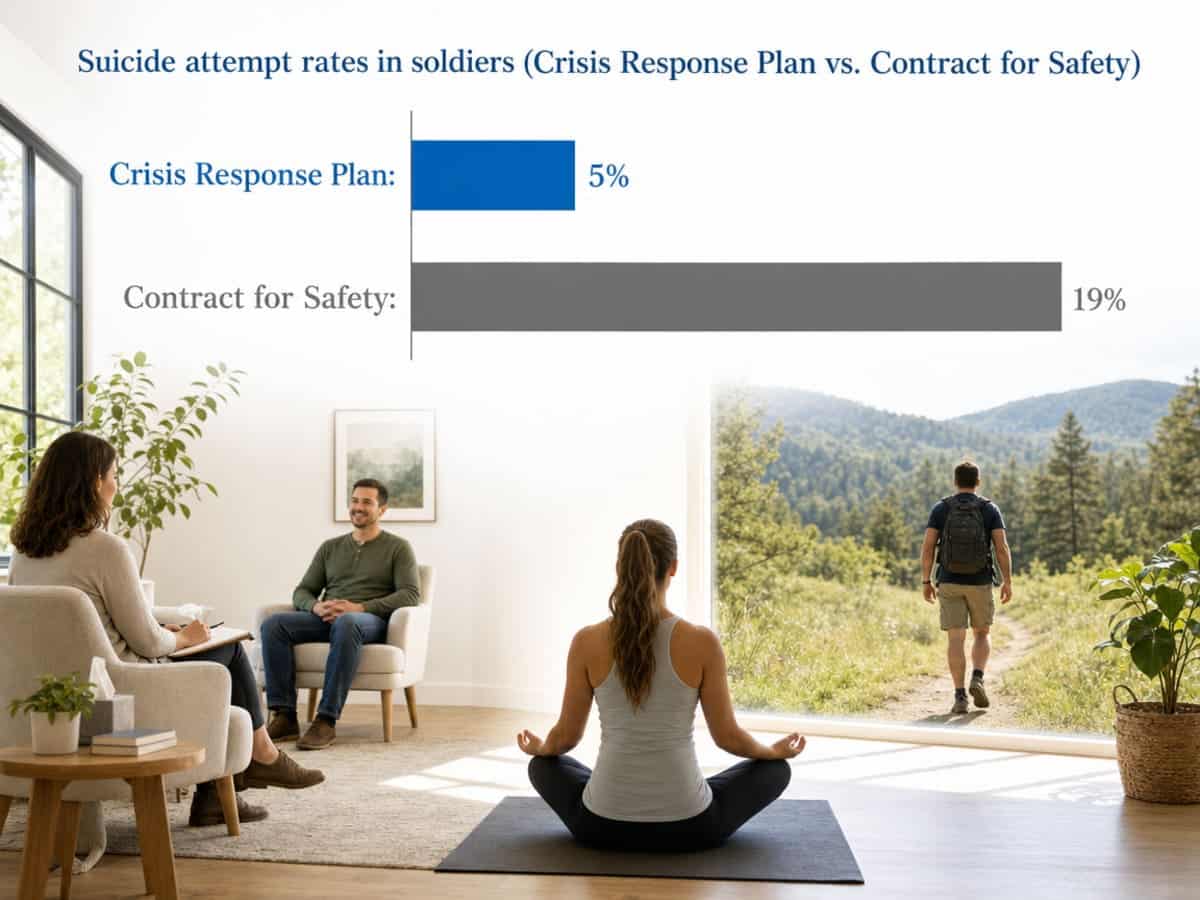Chart showing Suicide attempt rates in soldiers (Crisis Response Plan vs. Contract for Safety)