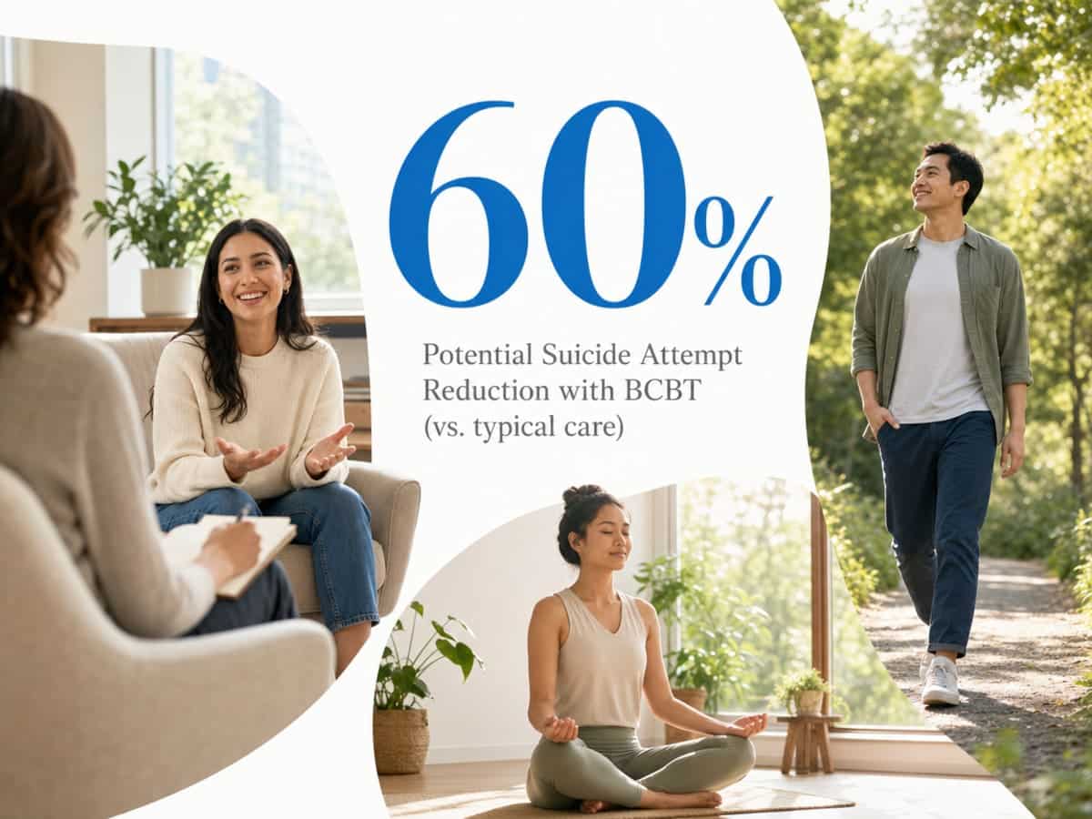 Infographic showing Potential Suicide Attempt Reduction with BCBT (vs. typical care)