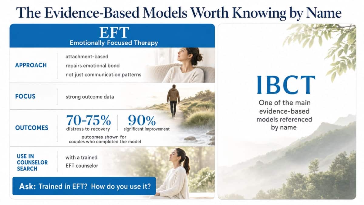 Compare the two main evidence-based couples therapy models (EFT and IBCT) referenced by name in this section, including the EFT outcome statistic cited in the prose