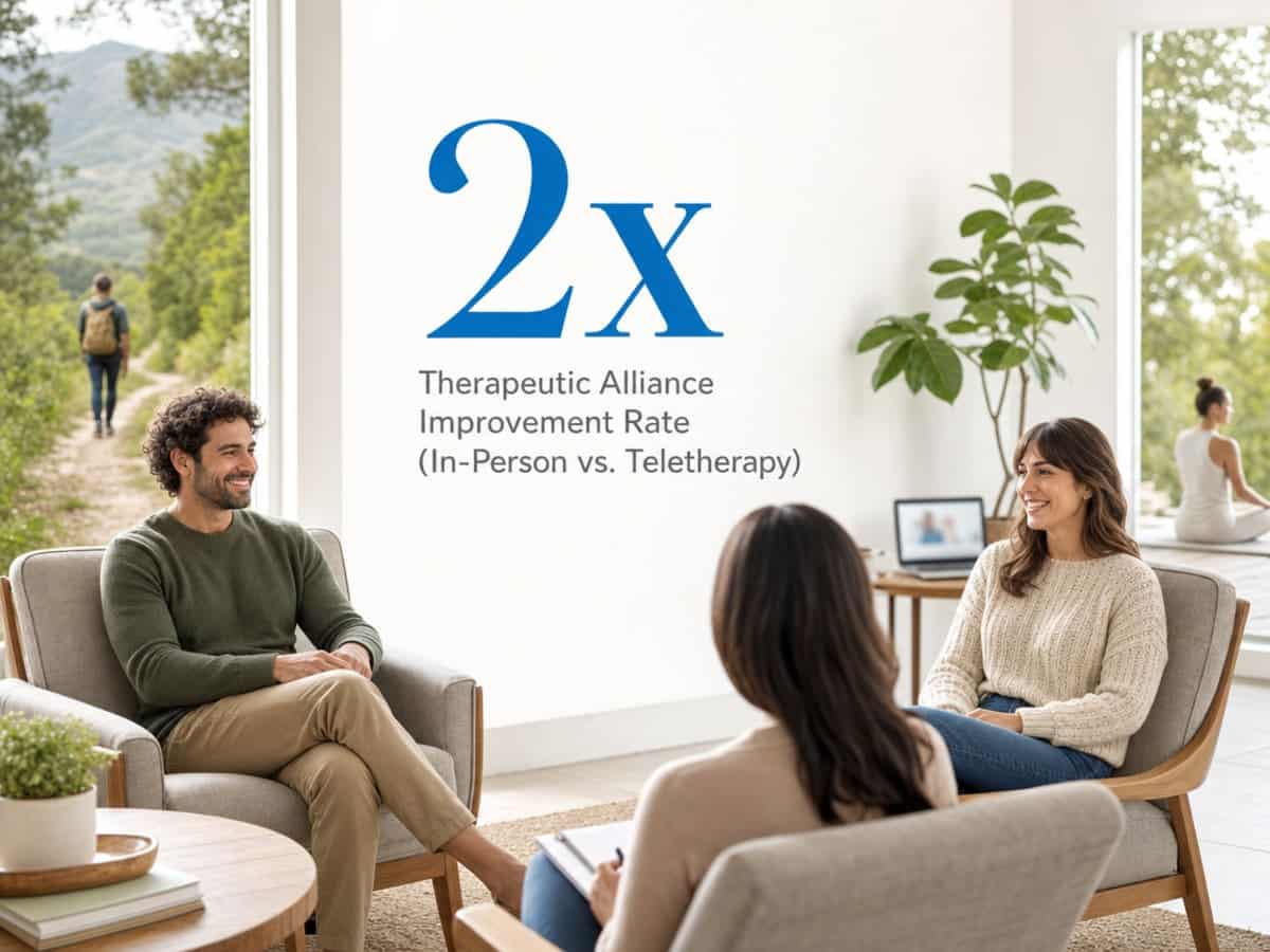 Infographic showing Therapeutic Alliance Improvement Rate (In-Person vs. Teletherapy)