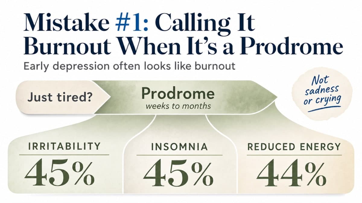 Visualize the three most frequent prodromal symptoms cited in the section with their percentages, reinforcing that early depression often looks like burnout