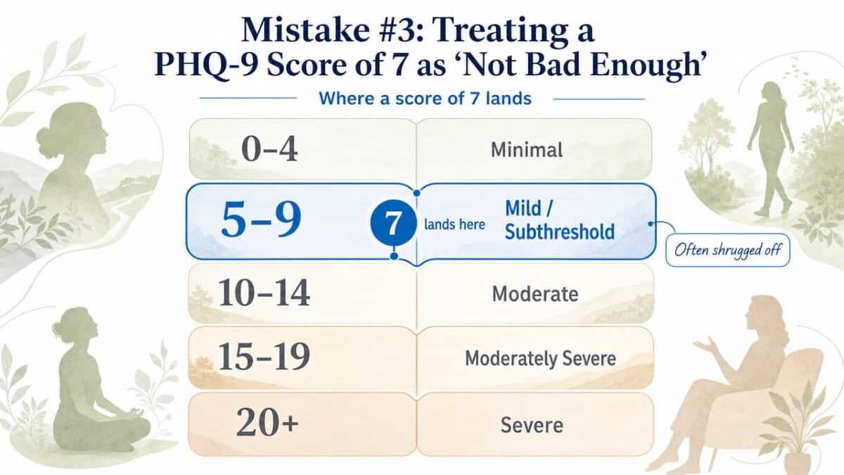 Show the PHQ-9 severity bands referenced in the section so readers can see where a score of 7 lands and why subthreshold matters