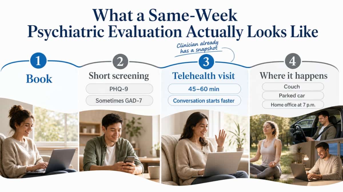 Process infographic that walks readers through the four stages of a telehealth psychiatric evaluation described in the section, reducing the friction of booking