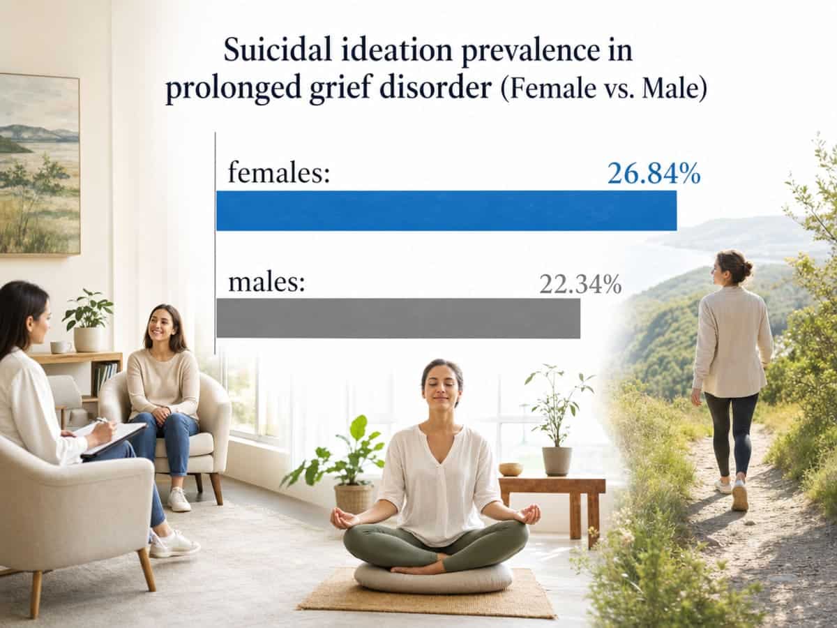 Chart showing Suicidal ideation prevalence in prolonged grief disorder (Female vs. Male)