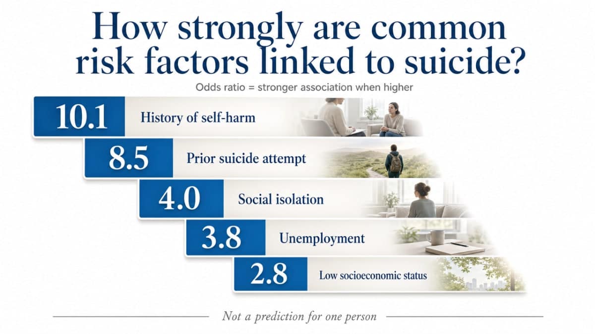 Visualize the relative strength of association between common adult suicide risk factors using odds ratios from the 2022 systematic review, directly supporting the numbers cited in this section