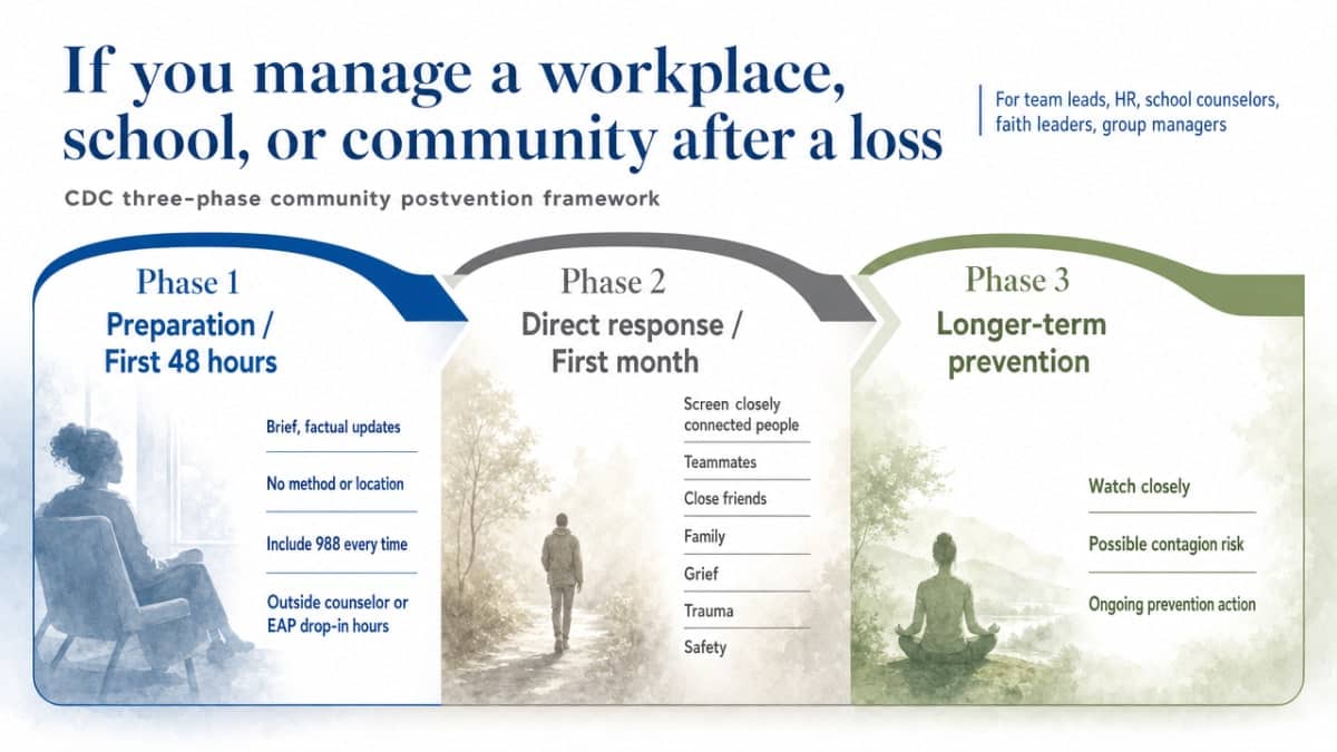 Visualize the CDC's three-phase community postvention framework (preparation/first 48 hours, direct response/first month, longer-term prevention) which is explicitly described in this section