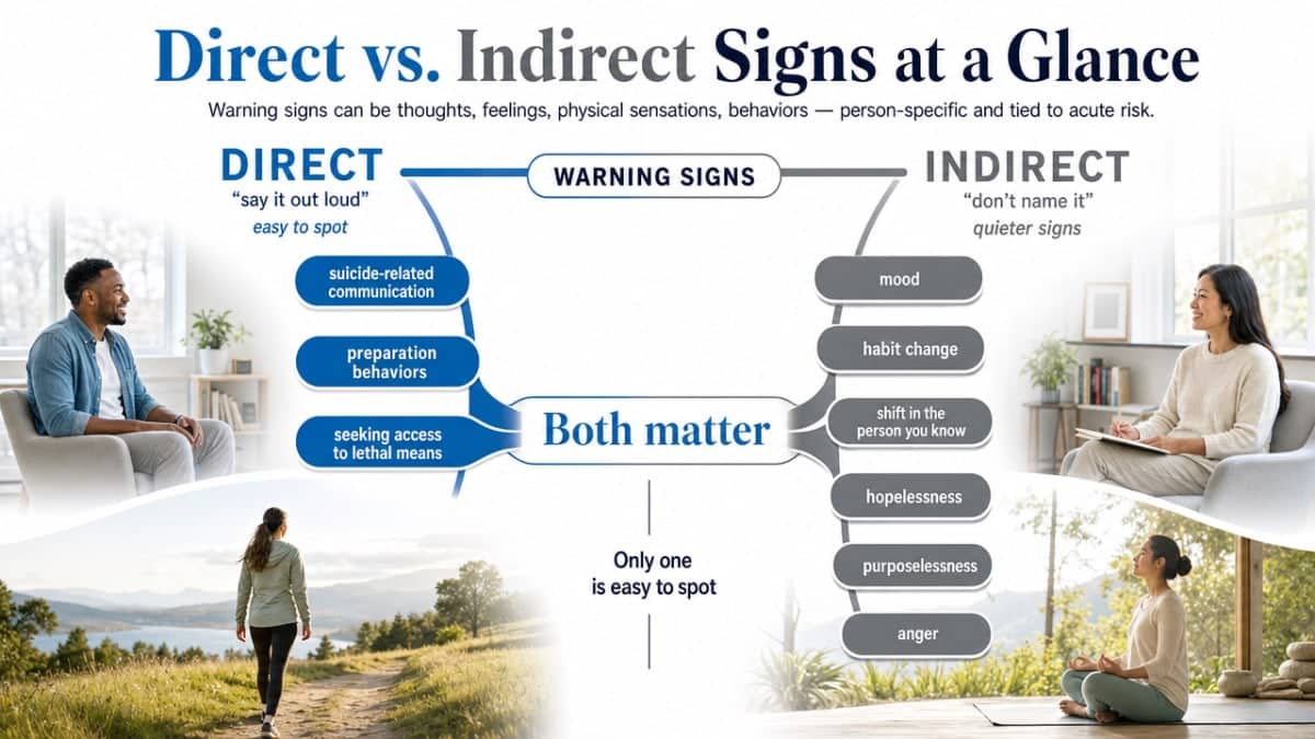 Visualize the article's explicit comparison between direct and indirect warning signs, drawn directly from the VA/DoD 2024 guideline definitions cited in this section