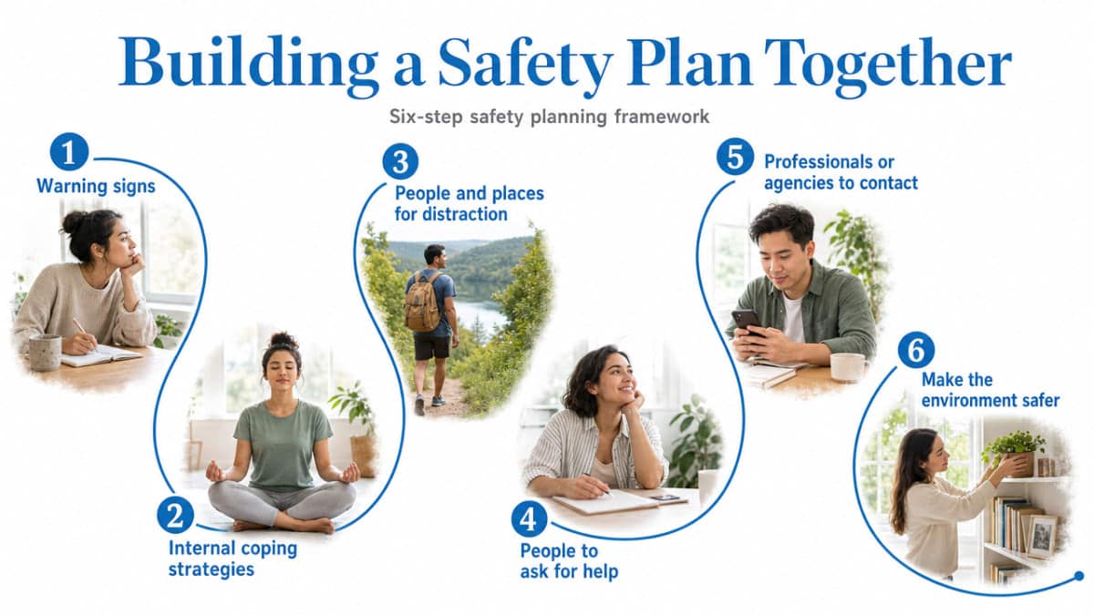 Illustrate the six-step VA Safety Planning Intervention that the section walks through, giving readers a scannable reference of the framework cited in the prose