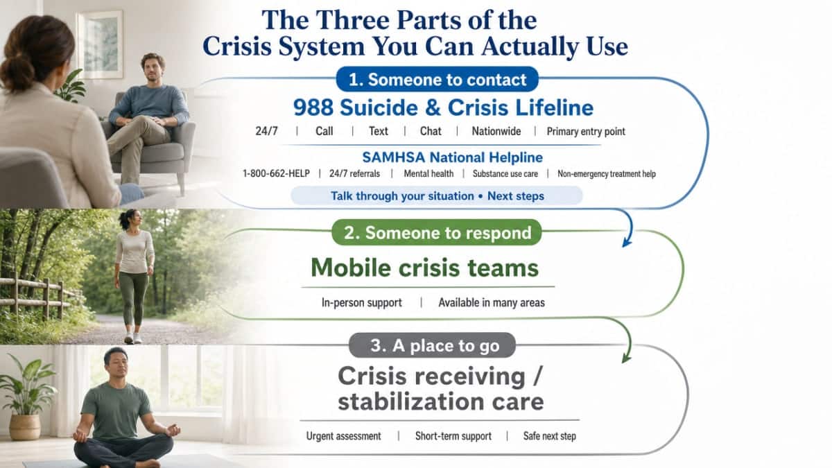 Visualize the SAMHSA three-component crisis system framework described in the section, giving readers a clear mental model of what to request by name